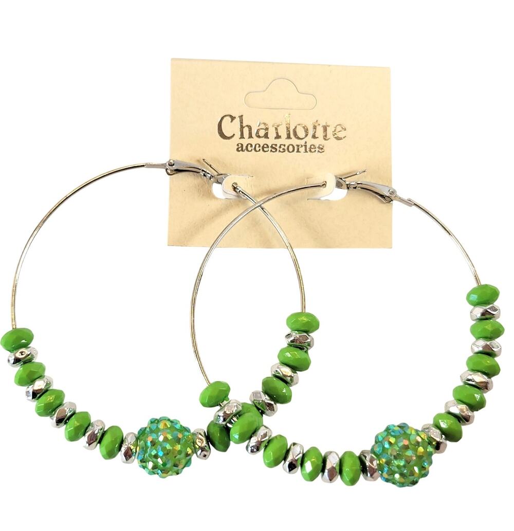 Large Green Beaded Hoop Earrings 3" Silver Tone Rhinestone Accent Pierced Trendy